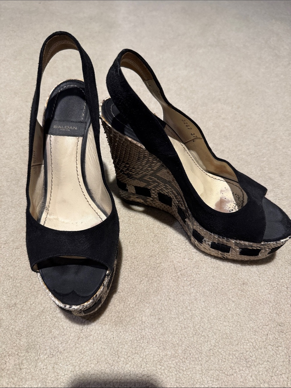Baldan Black Suede Peep-Toe Wedge Sandals